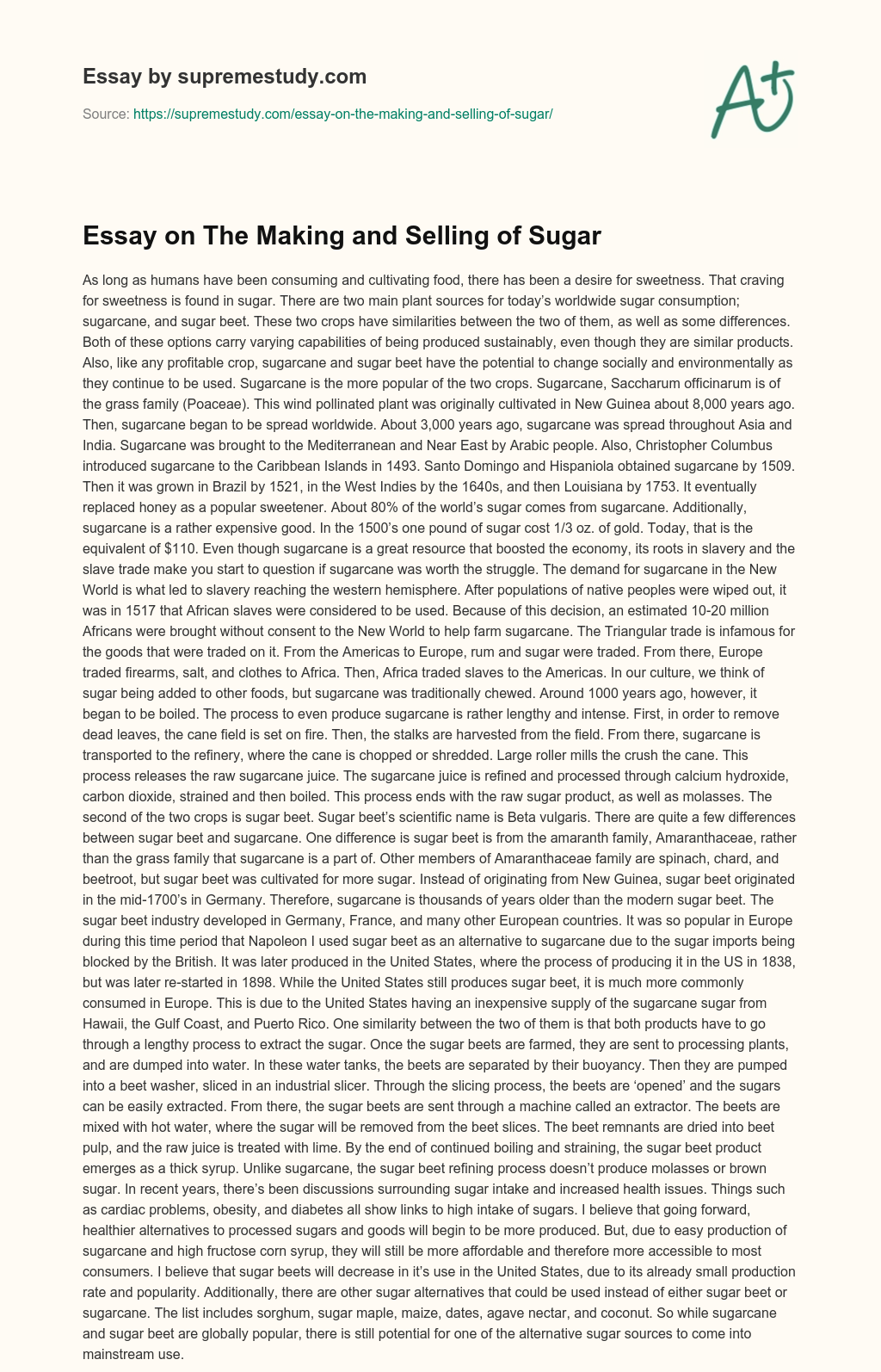 Essay on The Making and Selling of Sugar essay