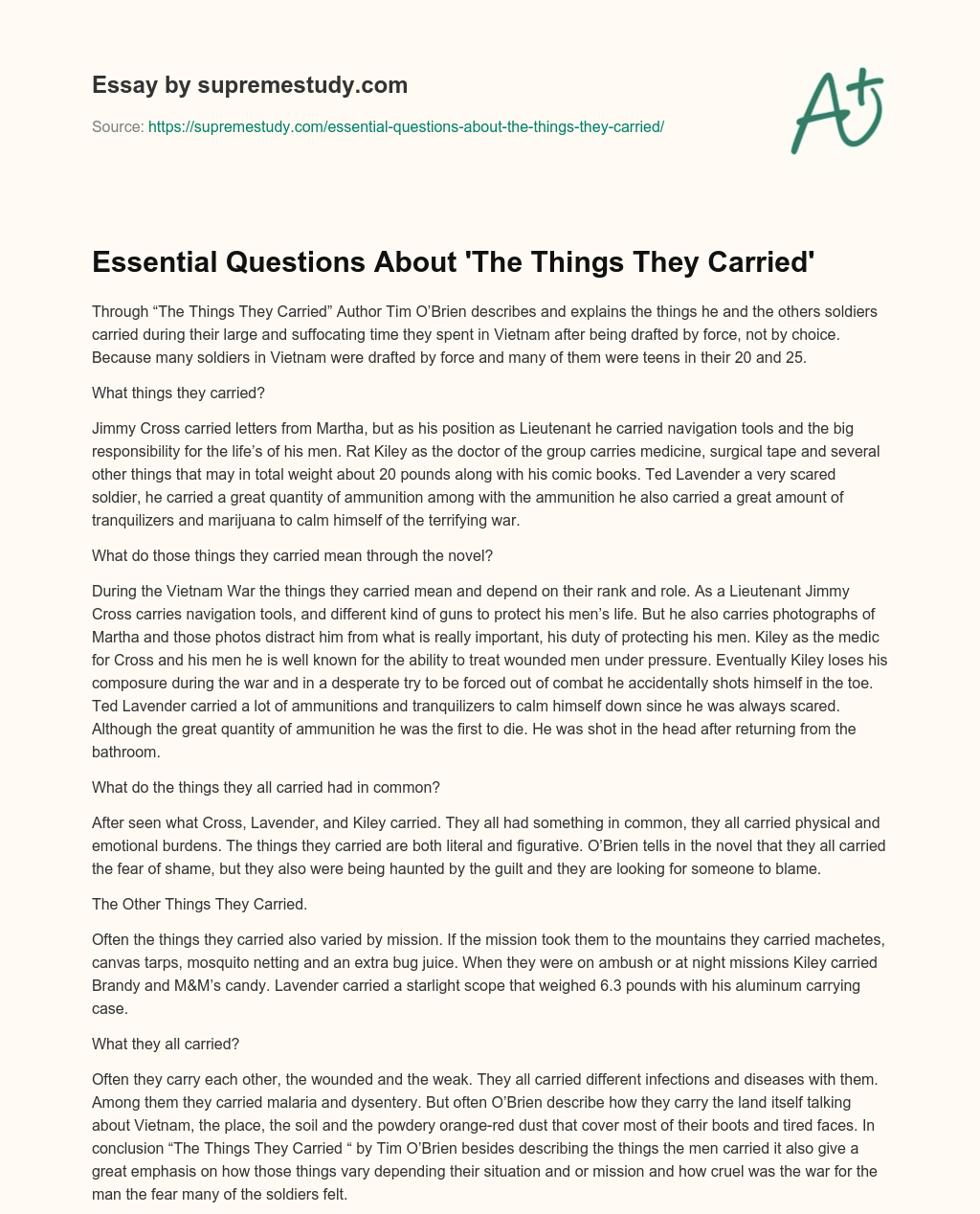Essential Questions About ‘The Things They Carried’ essay