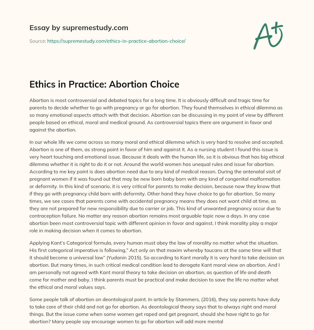 Ethics in Practice: Abortion Choice essay
