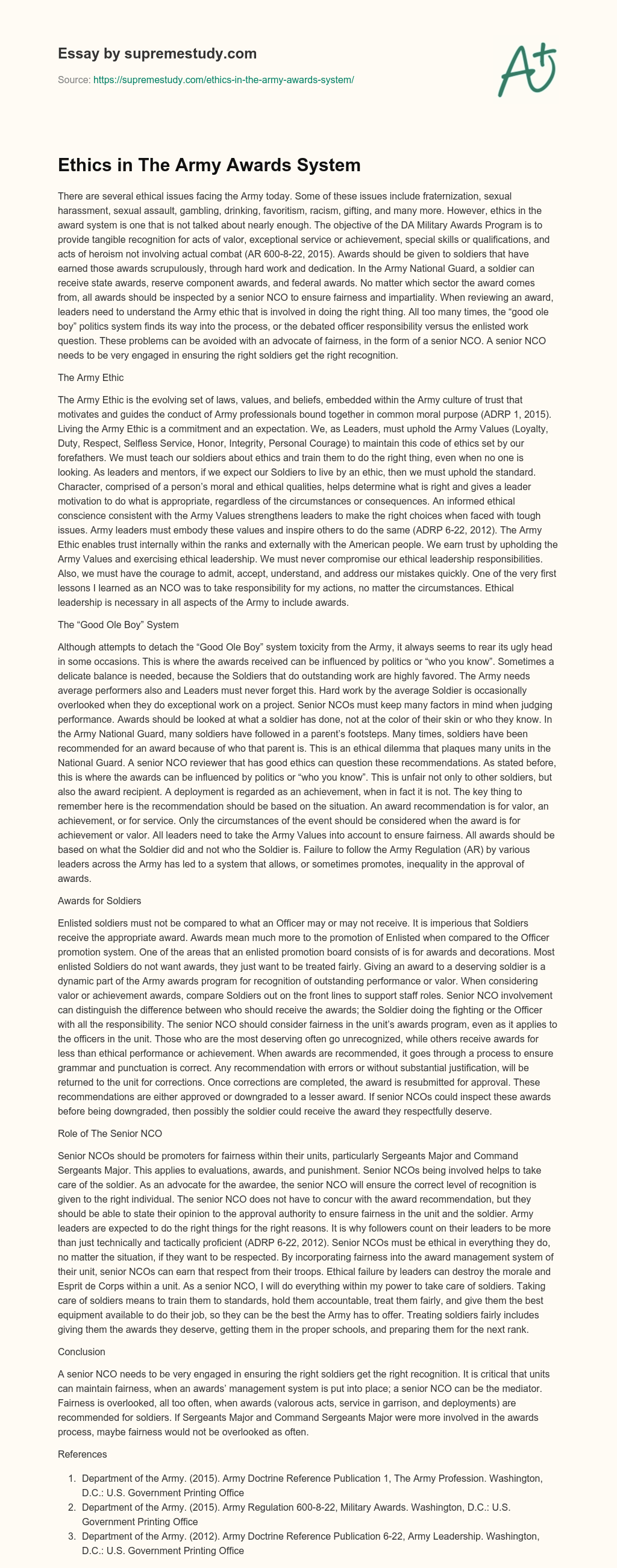 Ethics in The Army Awards System essay