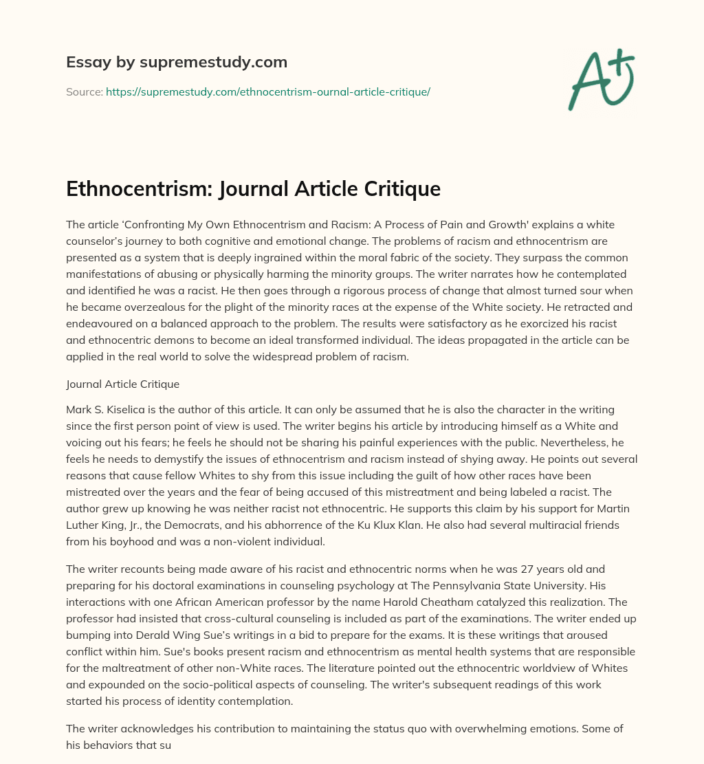 Ethnocentrism: Journal Article Critique essay