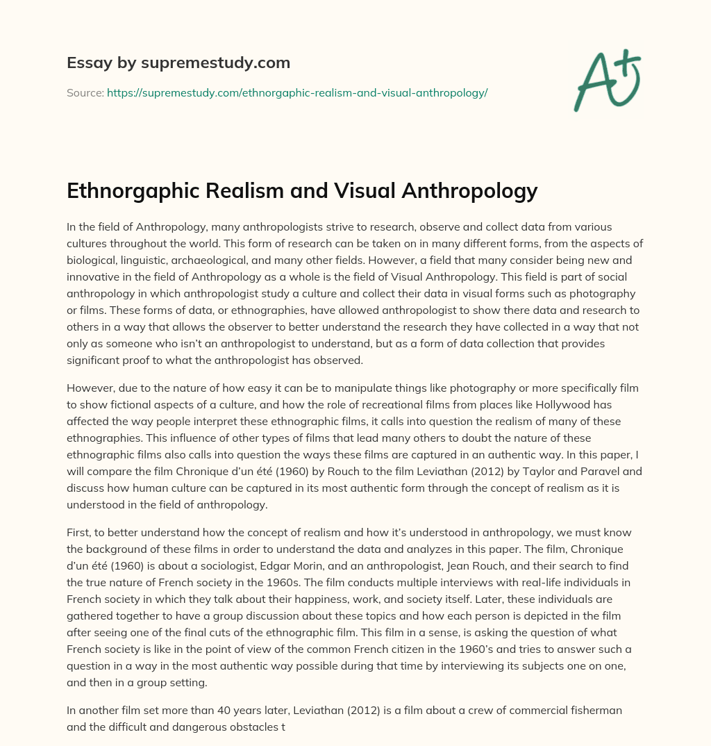 Ethnorgaphic Realism and Visual Anthropology essay