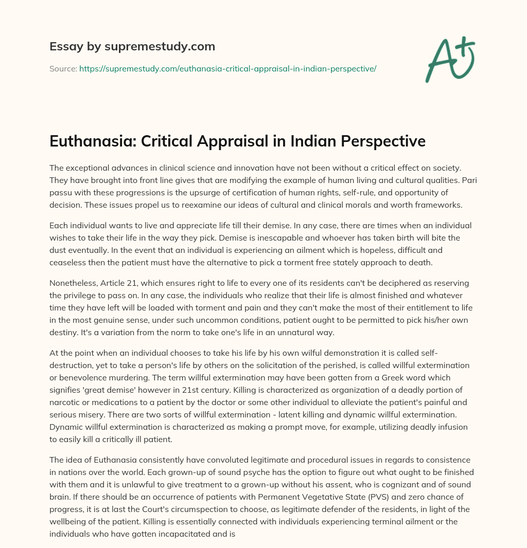Euthanasia: Critical Appraisal in Indian Perspective essay