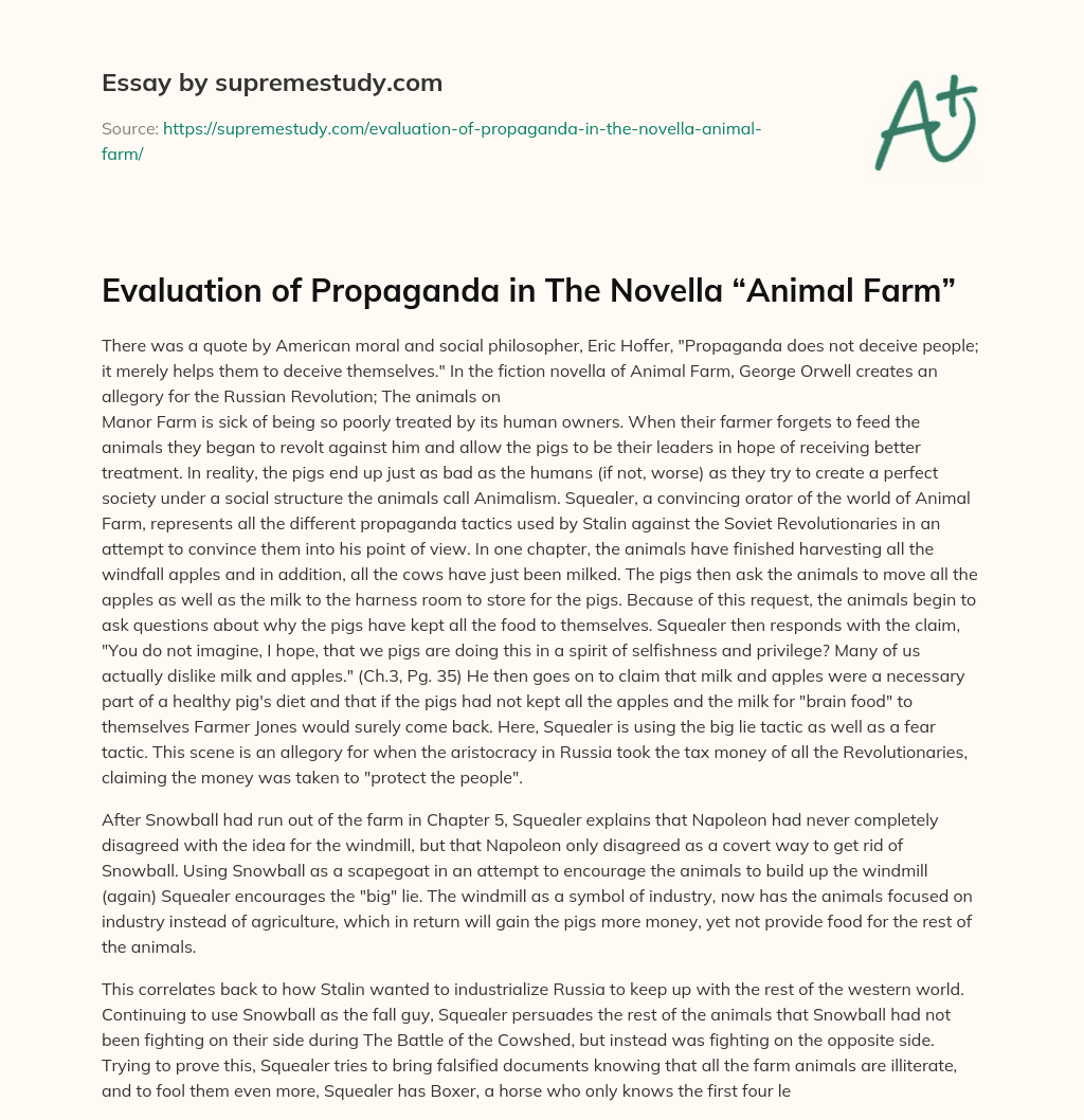 Evaluation of Propaganda in The Novella “Animal Farm” - Free Essay Example  - 662 Words | SupremeStudy