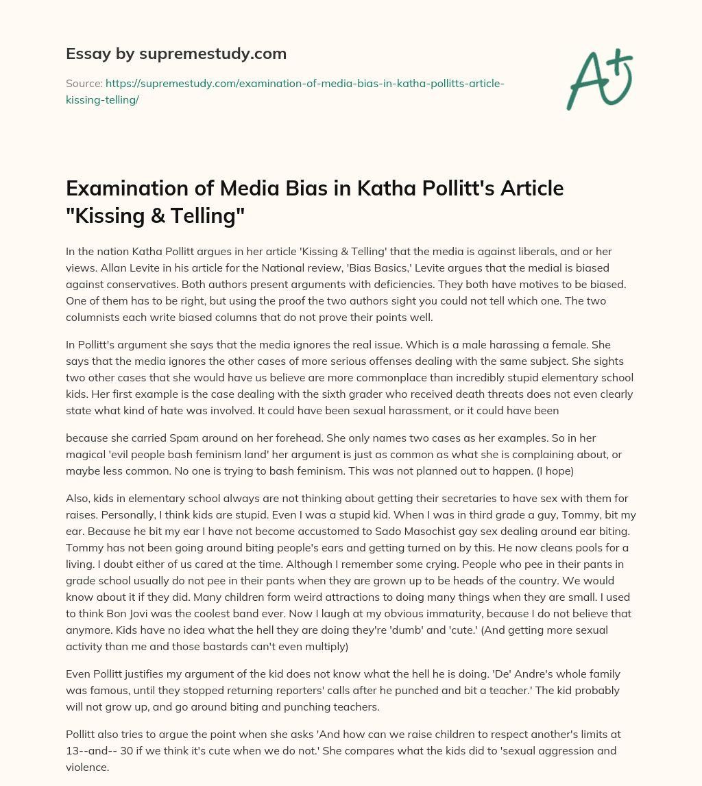 Examination of Media Bias in Katha Pollitt’s Article “Kissing & Telling” essay