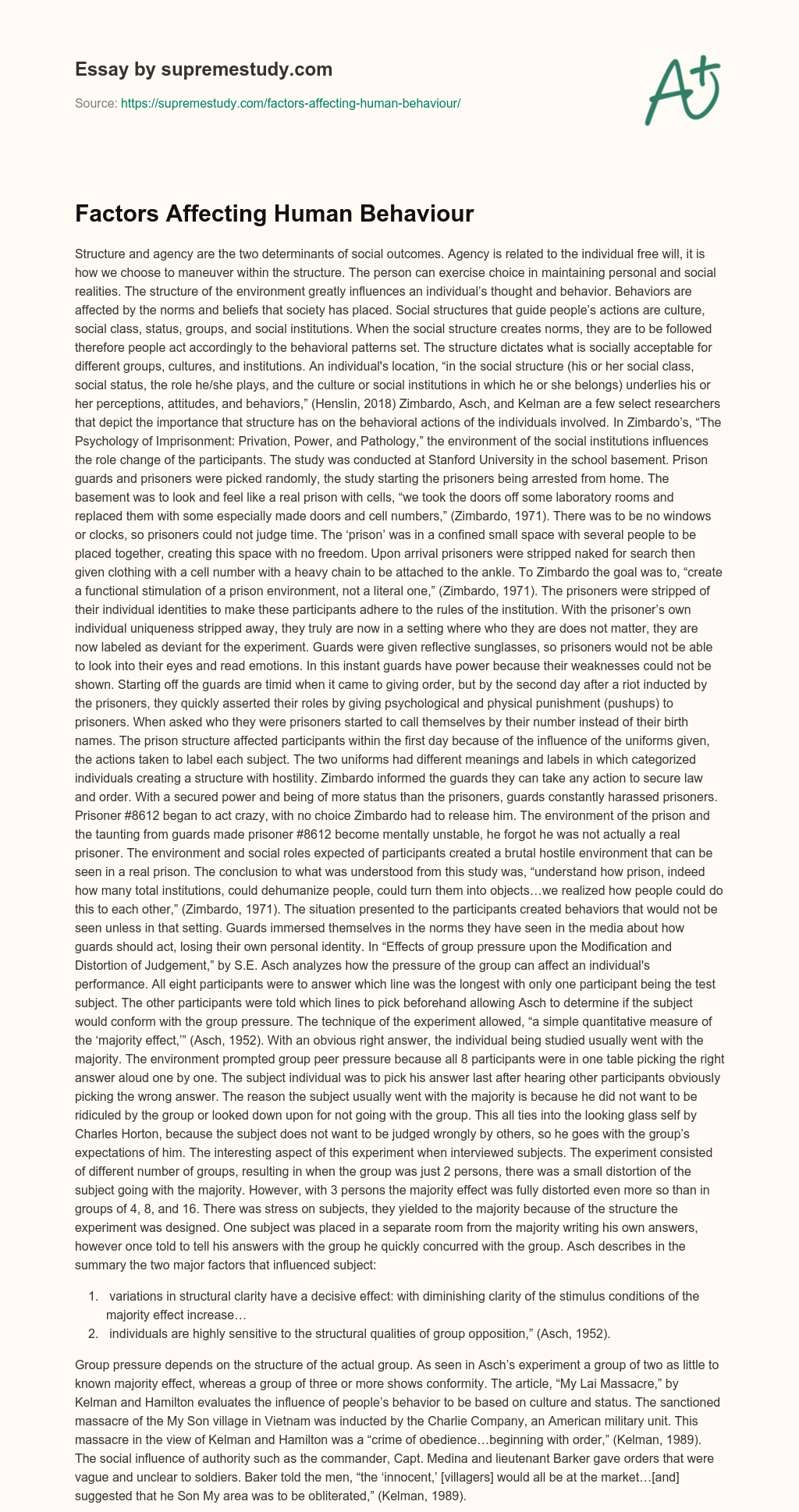 Factors Affecting Human Behaviour essay