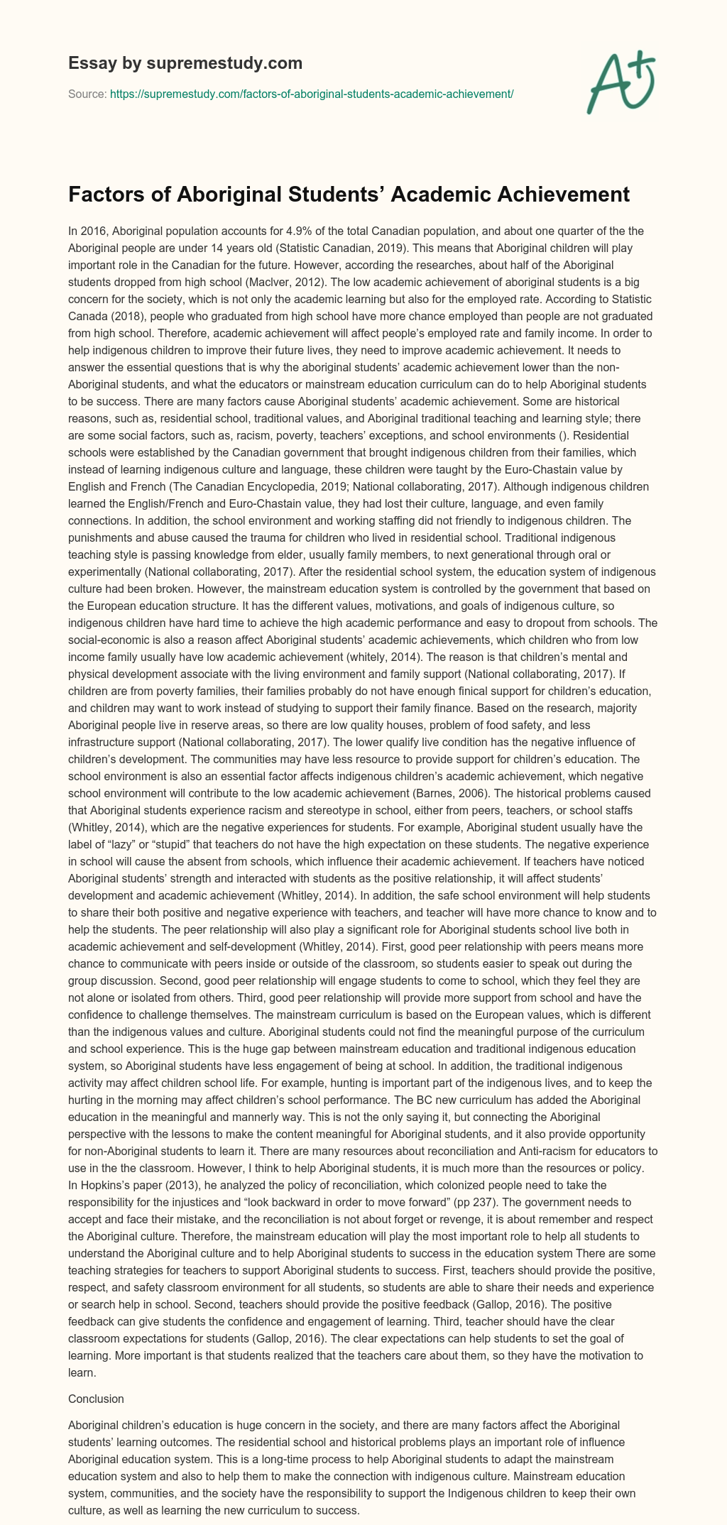 Factors of Aboriginal Students’ Academic Achievement essay