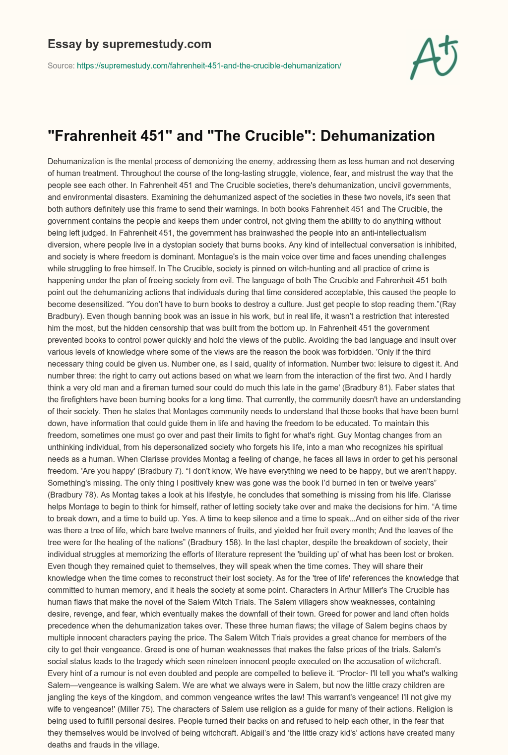 “Frahrenheit 451” and “The Crucible”: Dehumanization essay