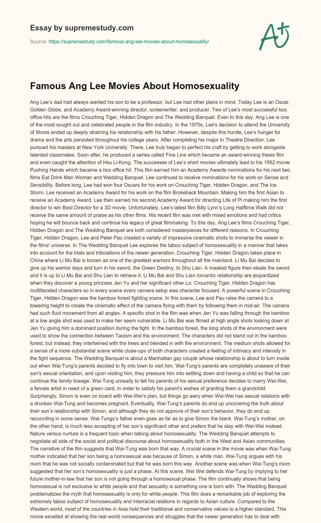 Famous Ang Lee Movies About Homosexuality essay