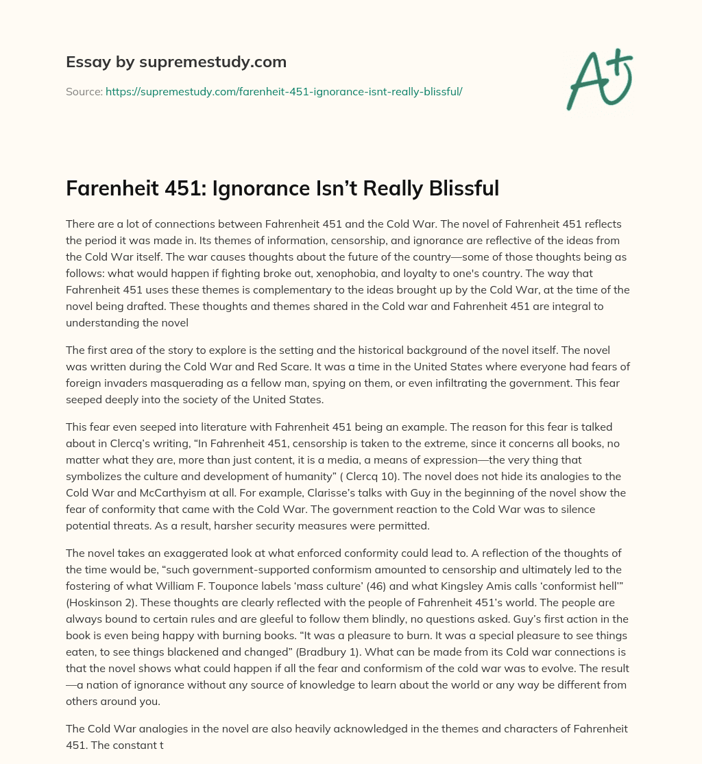 Farenheit 451: Ignorance Isn’t Really Blissful essay