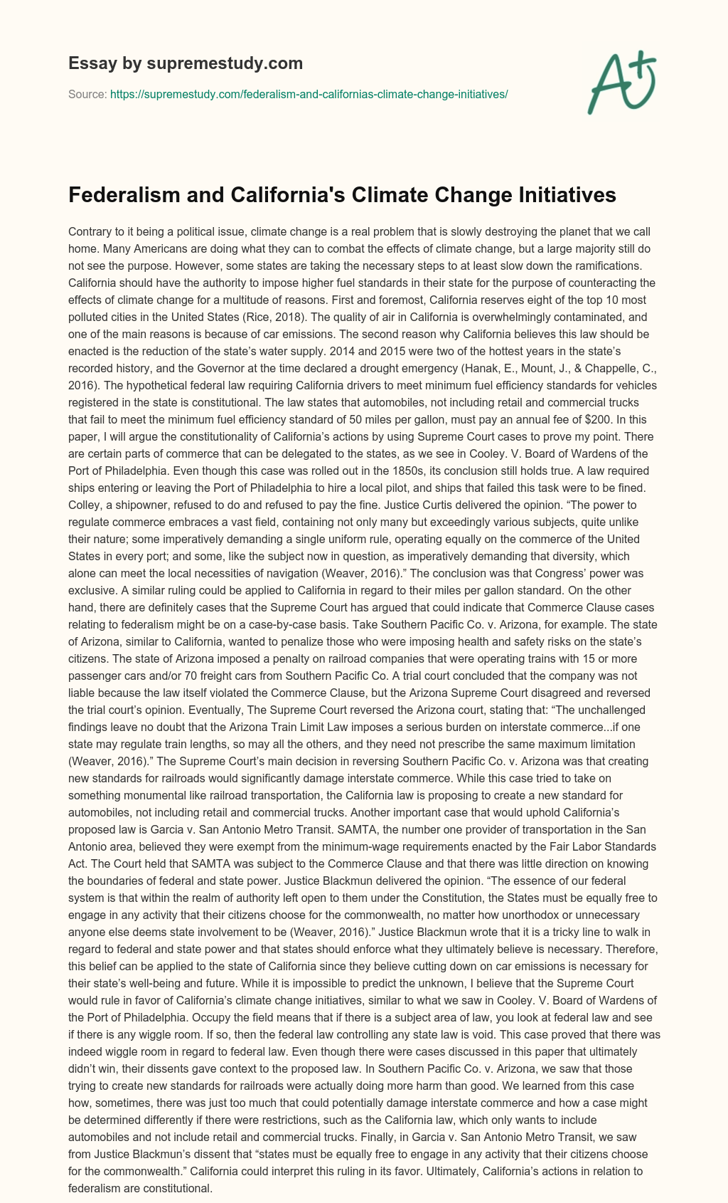 Federalism and California’s Climate Change Initiatives essay