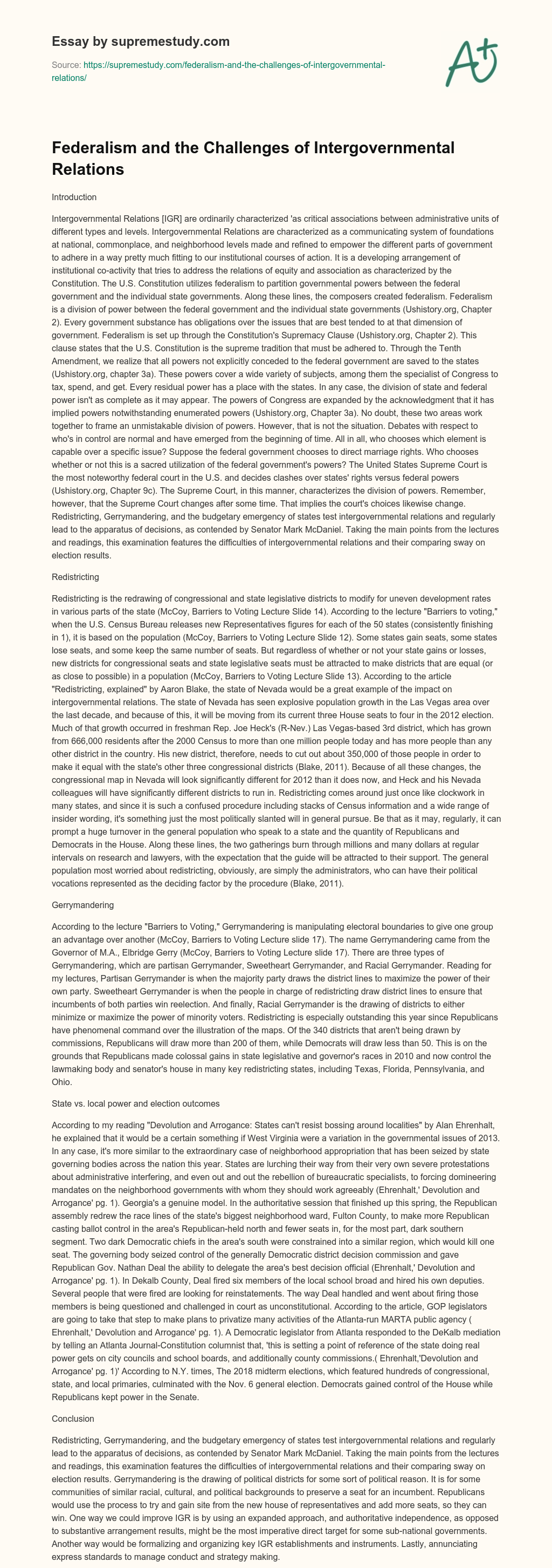 Federalism and the Challenges of Intergovernmental Relations essay