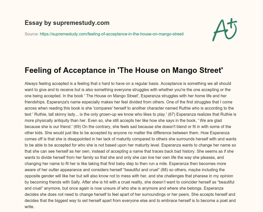 Feeling of Acceptance in ‘The House on Mango Street’ essay