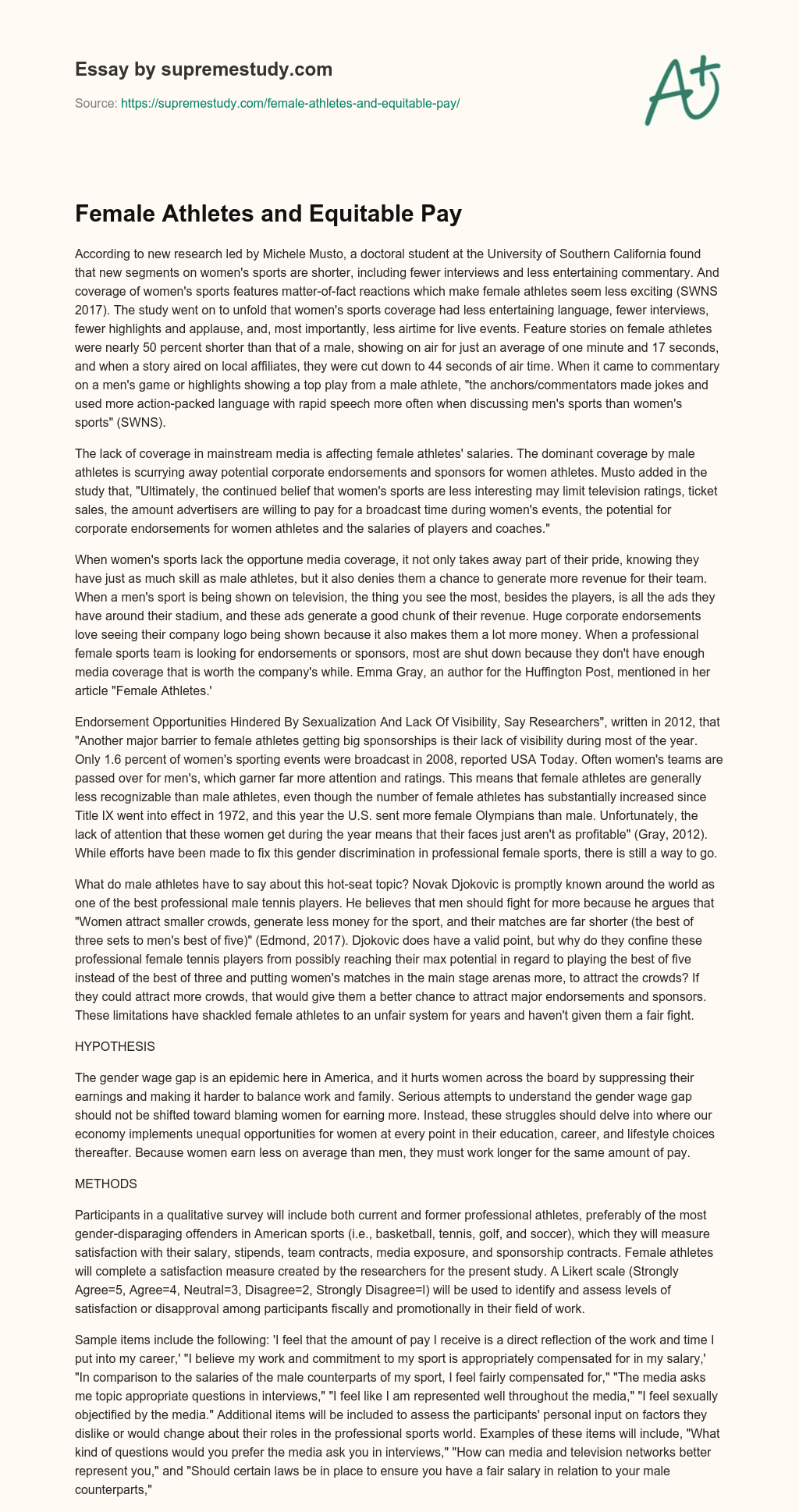 Female Athletes and Equitable Pay essay