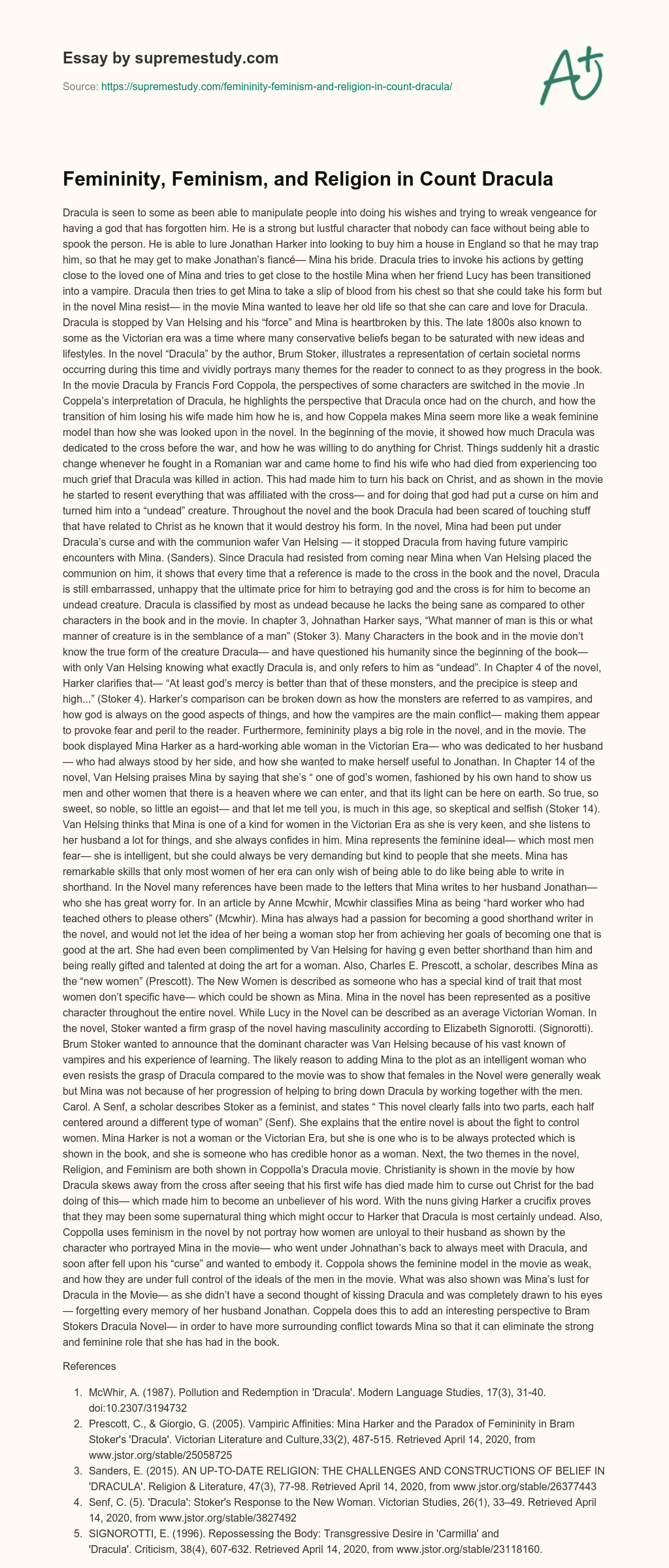 Femininity, Feminism, and Religion in Count Dracula essay