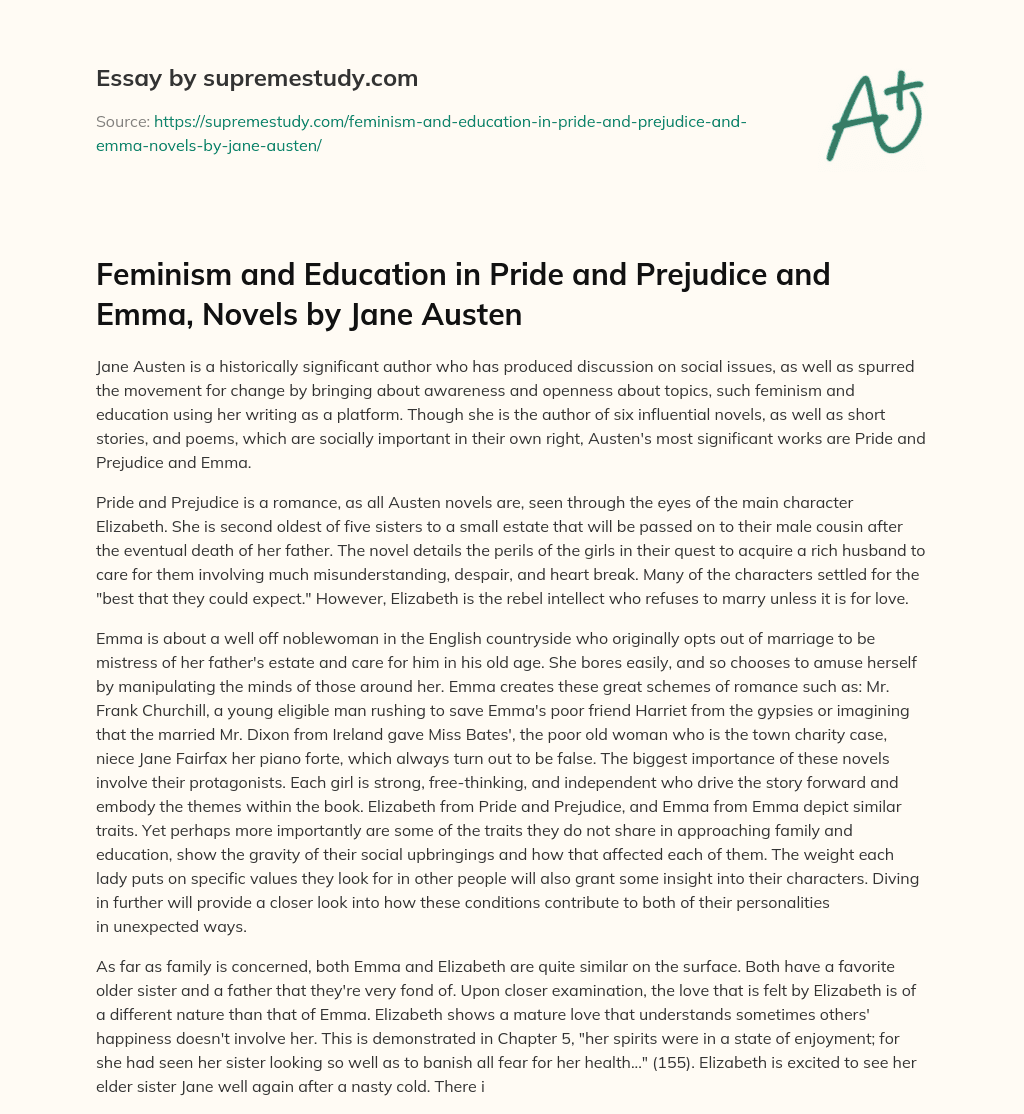 Feminism and Education in Pride and Prejudice and Emma, Novels by Jane Austen essay