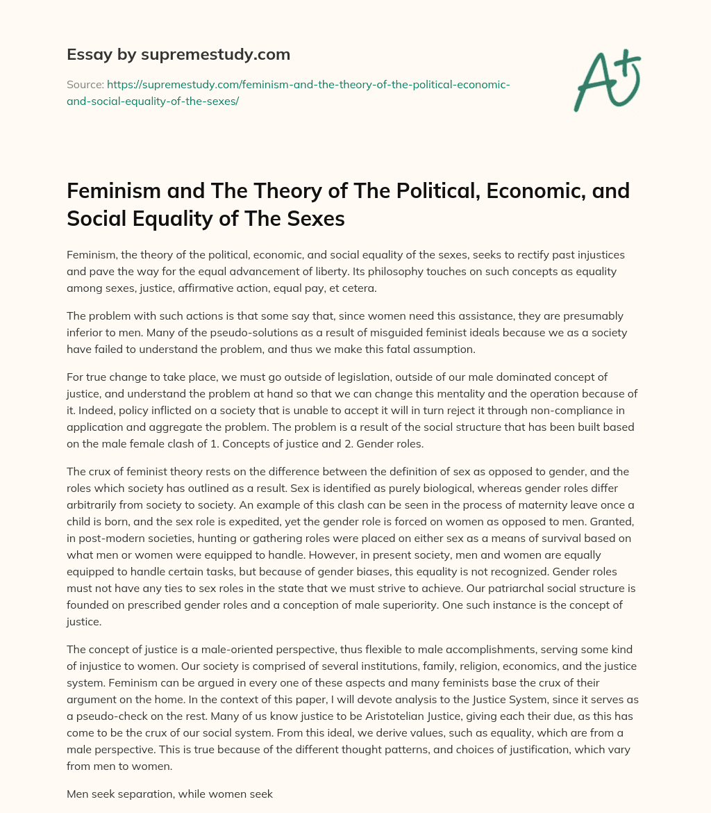 Feminism and The Theory of The Political, Economic, and Social Equality of The Sexes essay