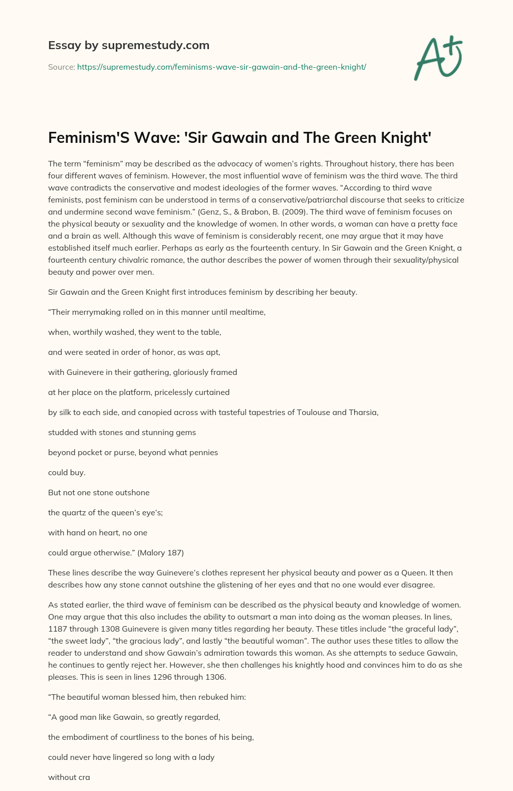 Feminism’S Wave: ‘Sir Gawain and The Green Knight’  essay