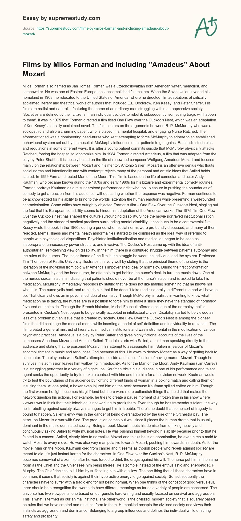 Films by Milos Forman and Including “Amadeus” About Mozart essay