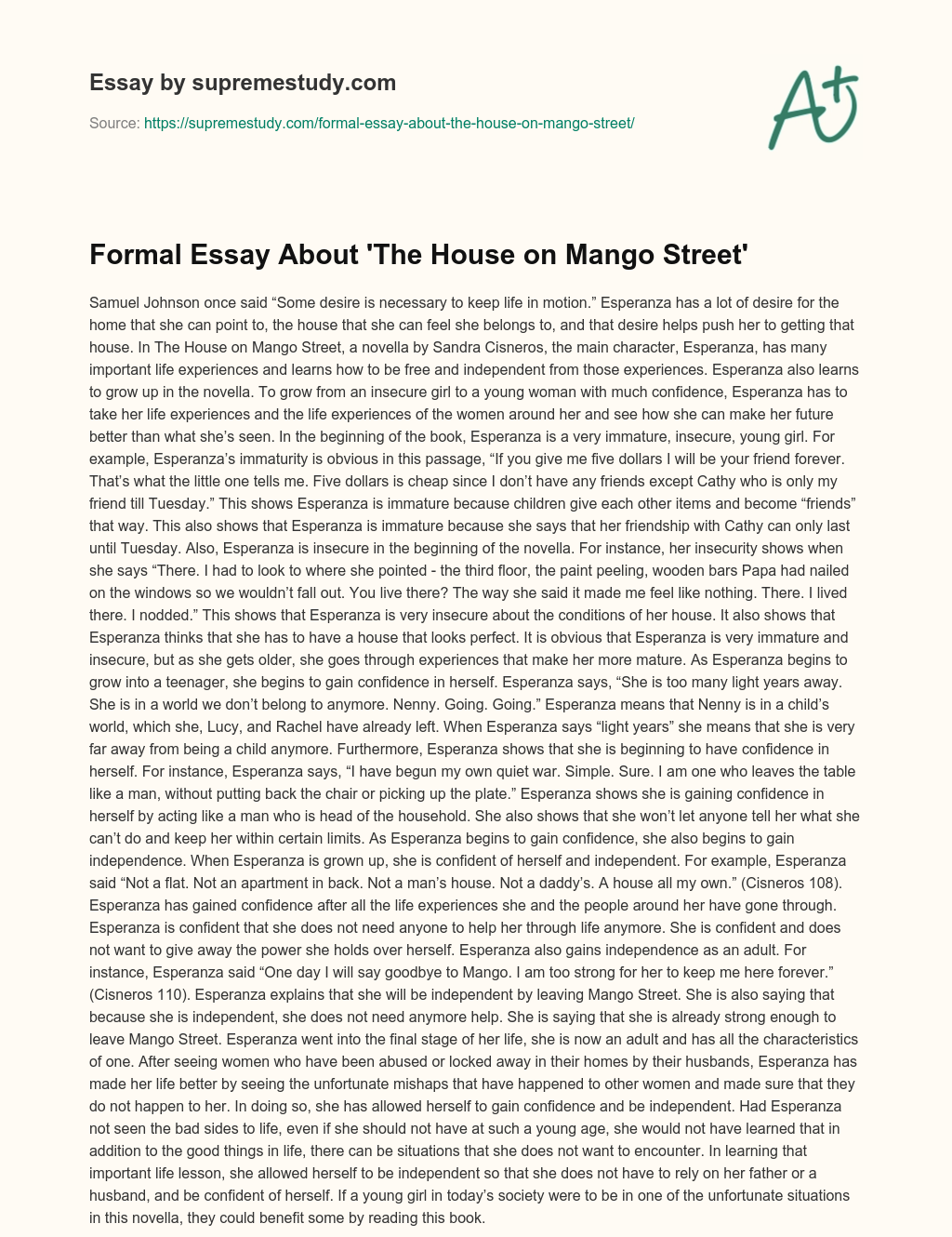 Formal Essay About ‘The House on Mango Street’ essay