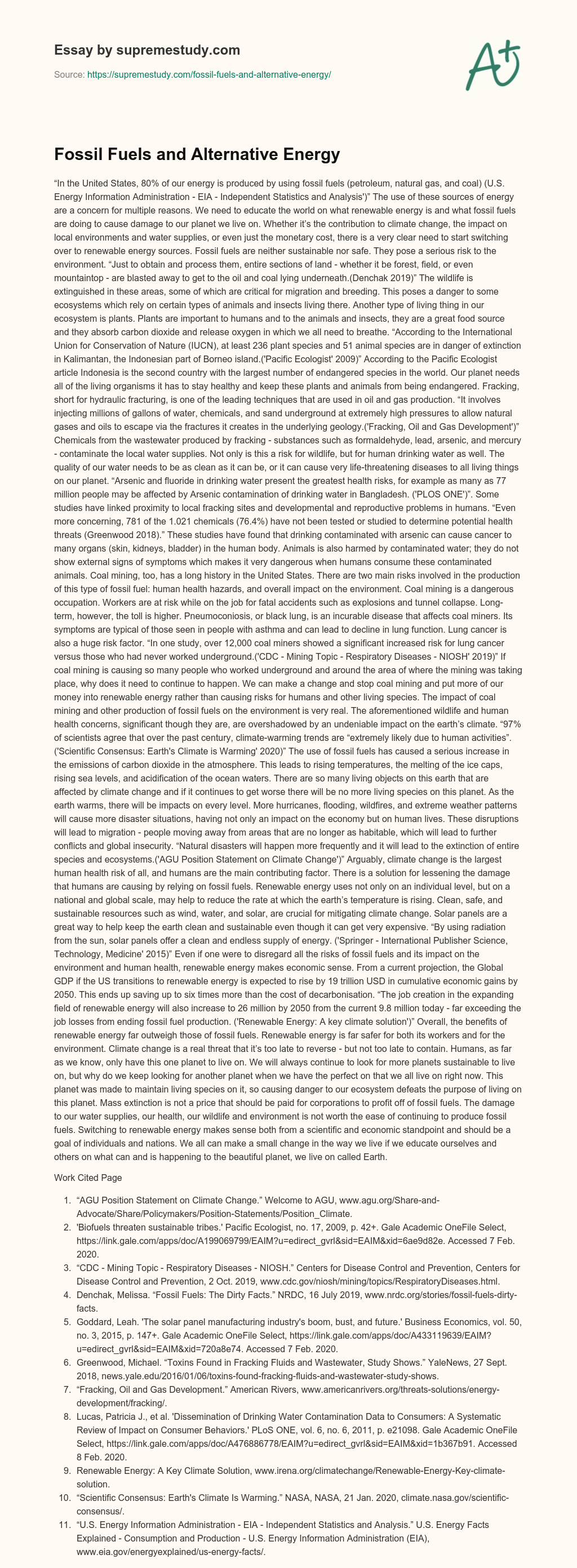 Fossil Fuels and Alternative Energy essay