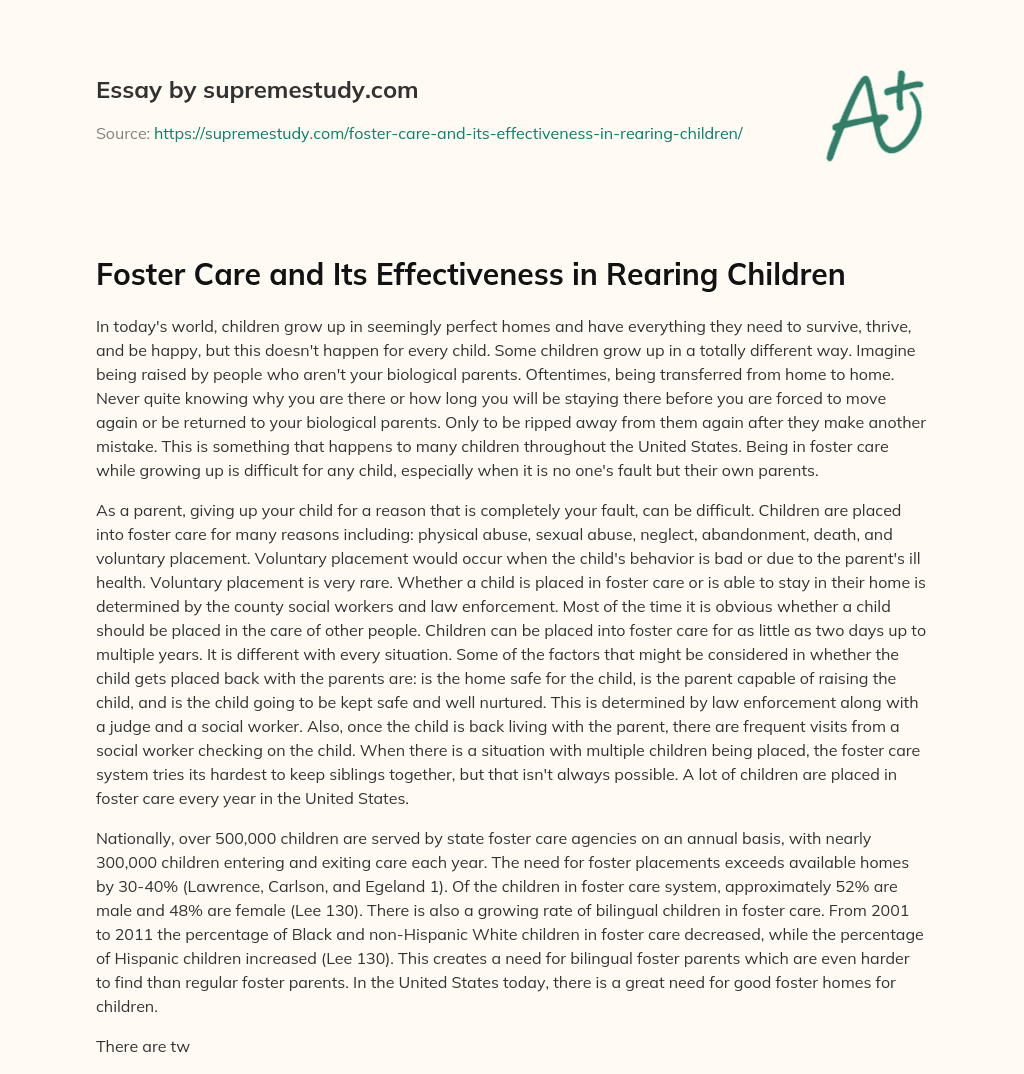 Foster Care and Its Effectiveness in Rearing Children essay