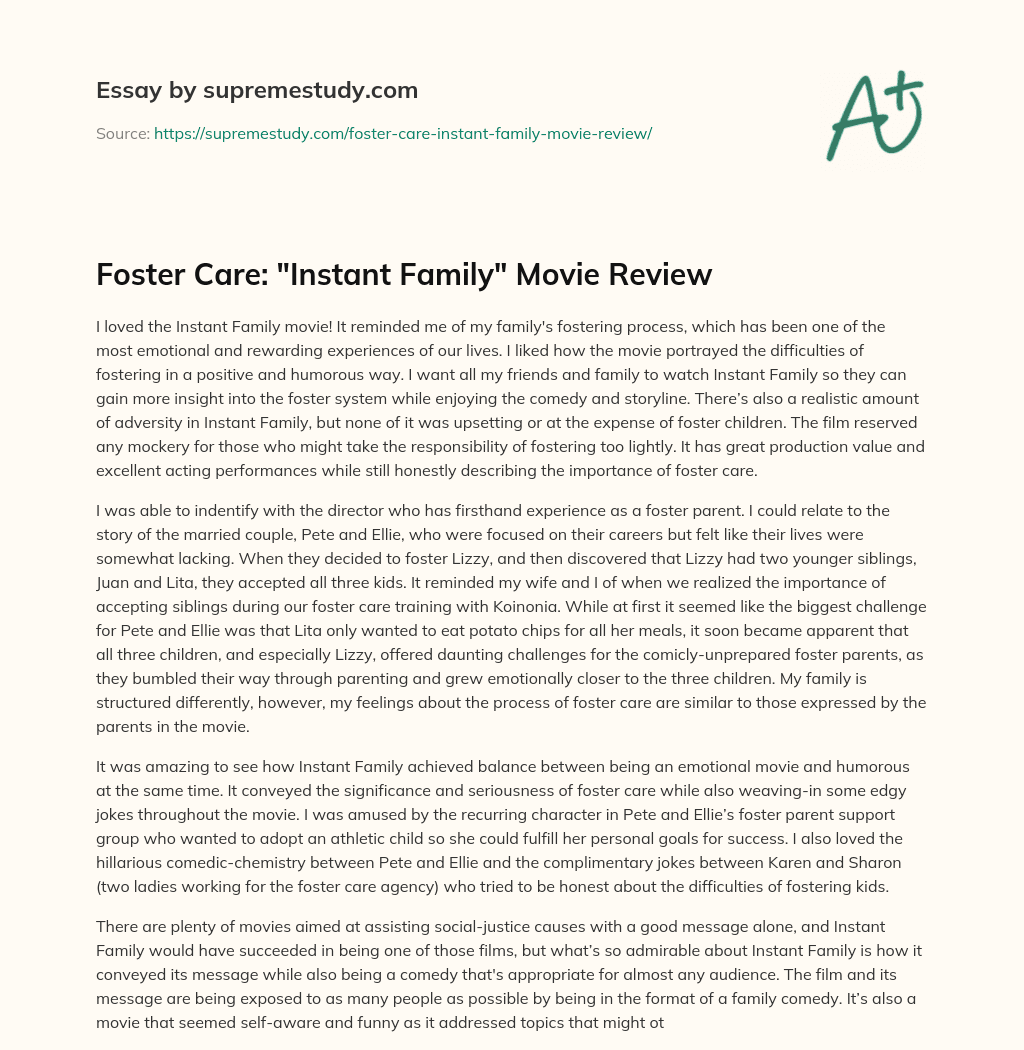 Foster Care: “Instant Family” Movie Review essay