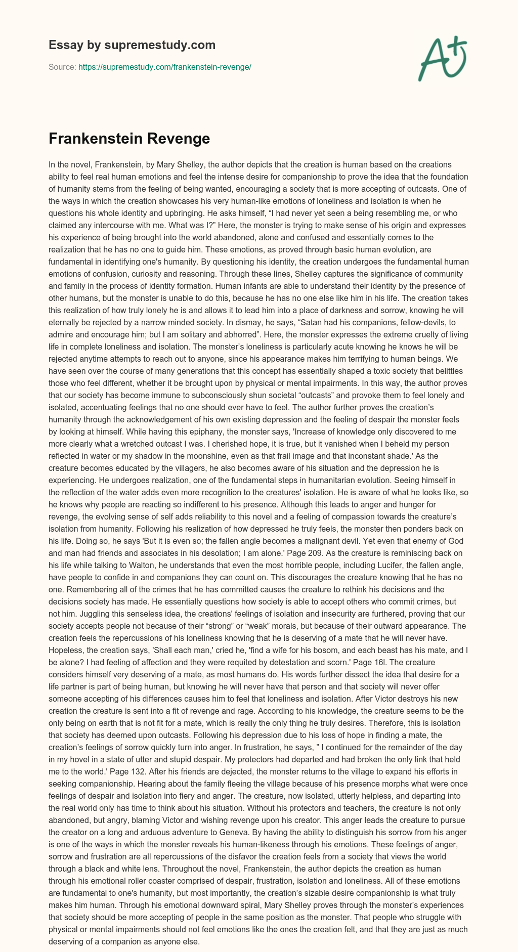 Frankenstein Revenge essay