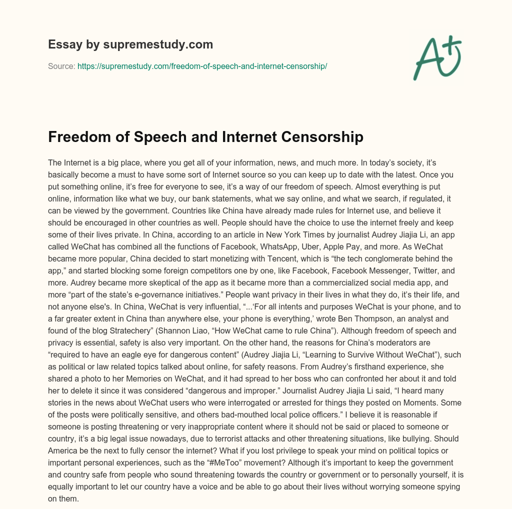Freedom of Speech and Internet Censorship essay