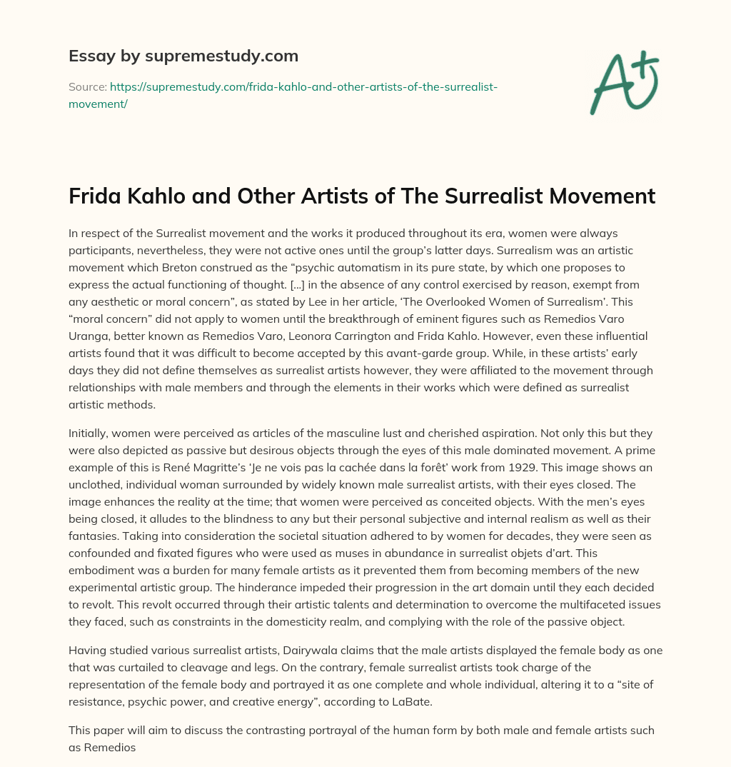 Frida Kahlo and Other Artists of The Surrealist Movement essay