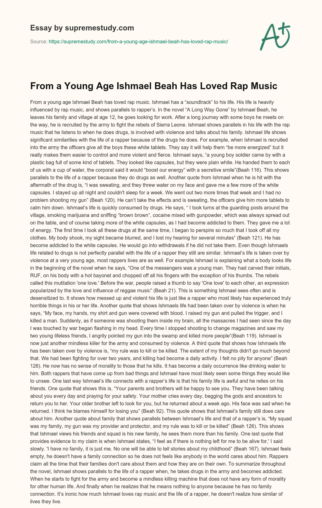 From a Young Age Ishmael Beah Has Loved Rap Music essay