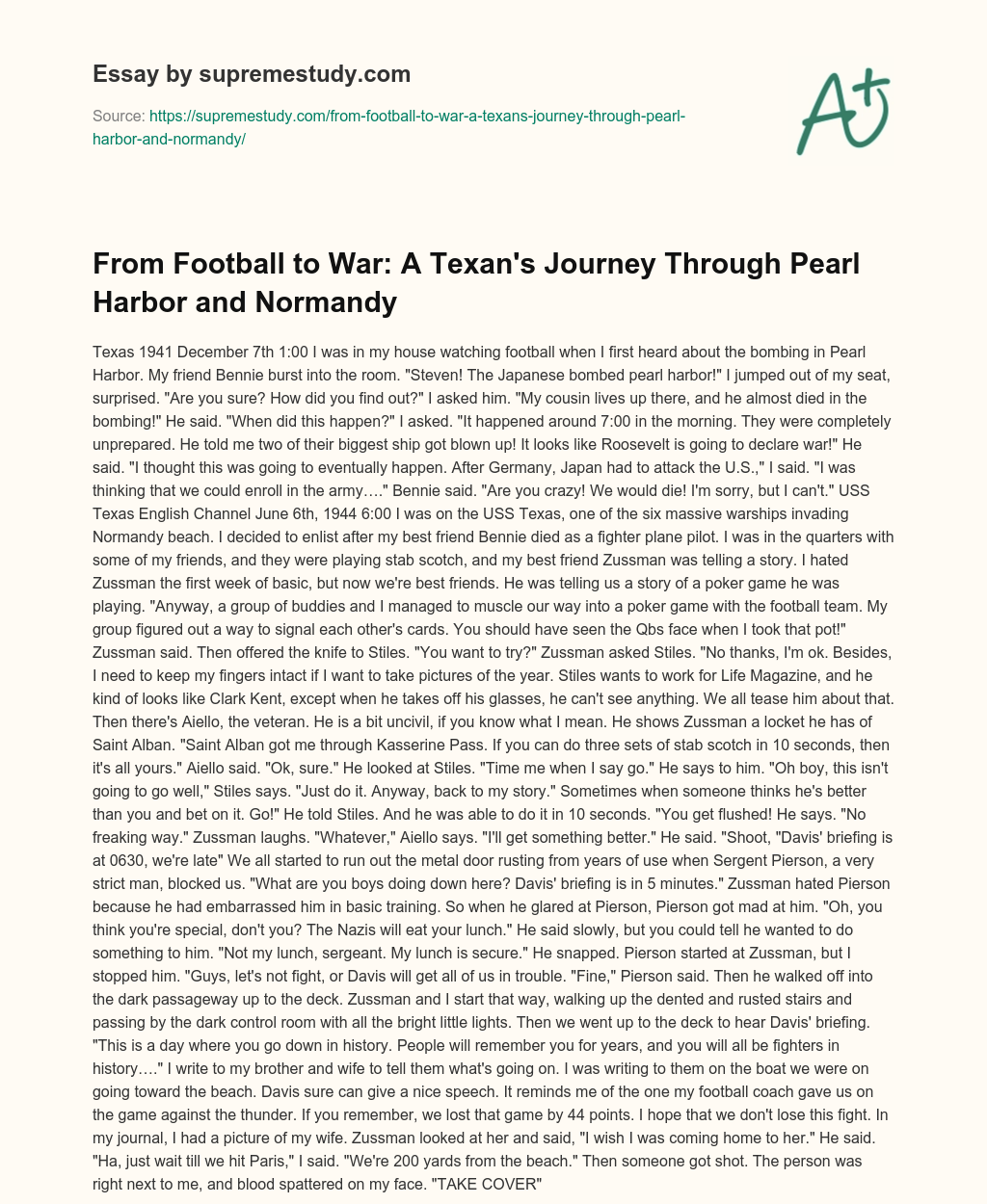From Football to War: A Texan’s Journey Through Pearl Harbor and Normandy essay