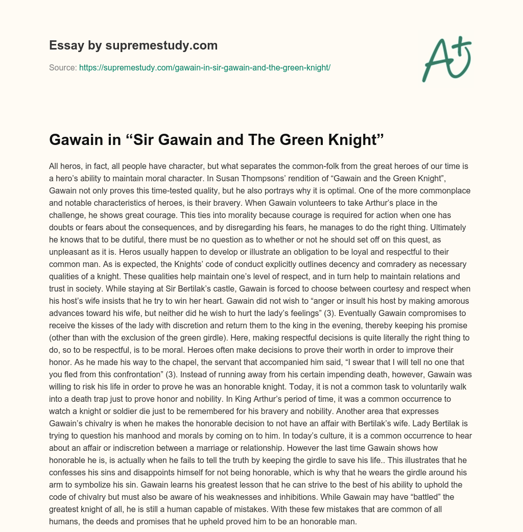 Gawain in “Sir Gawain and The Green Knight” essay