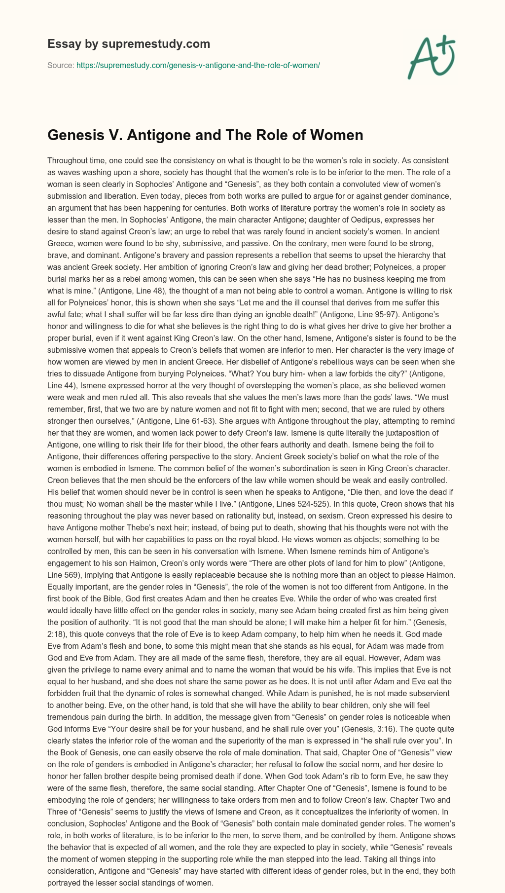 Genesis V. Antigone and The Role of Women essay
