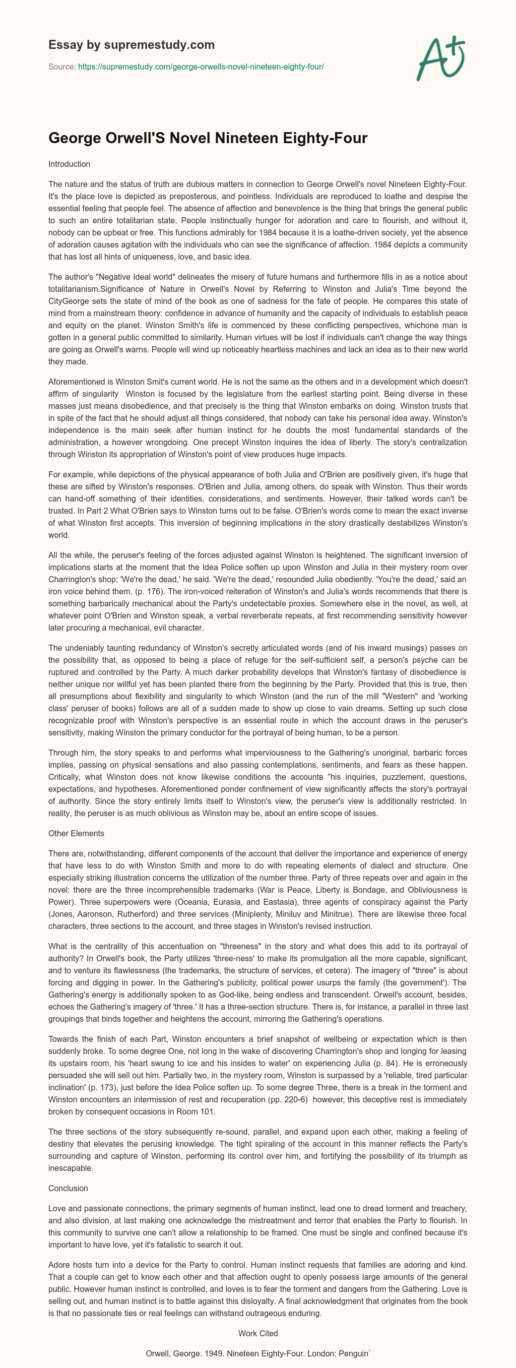 George Orwell’S Novel Nineteen Eighty-Four essay