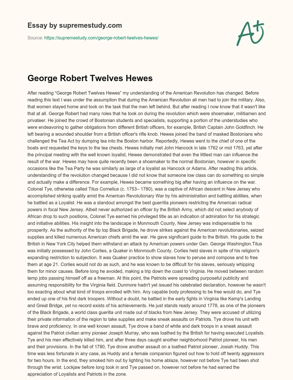 George Robert Twelves Hewes essay