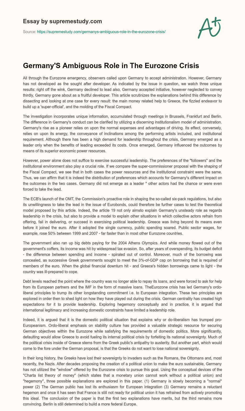 Germany’S Ambiguous Role in The Eurozone Crisis essay