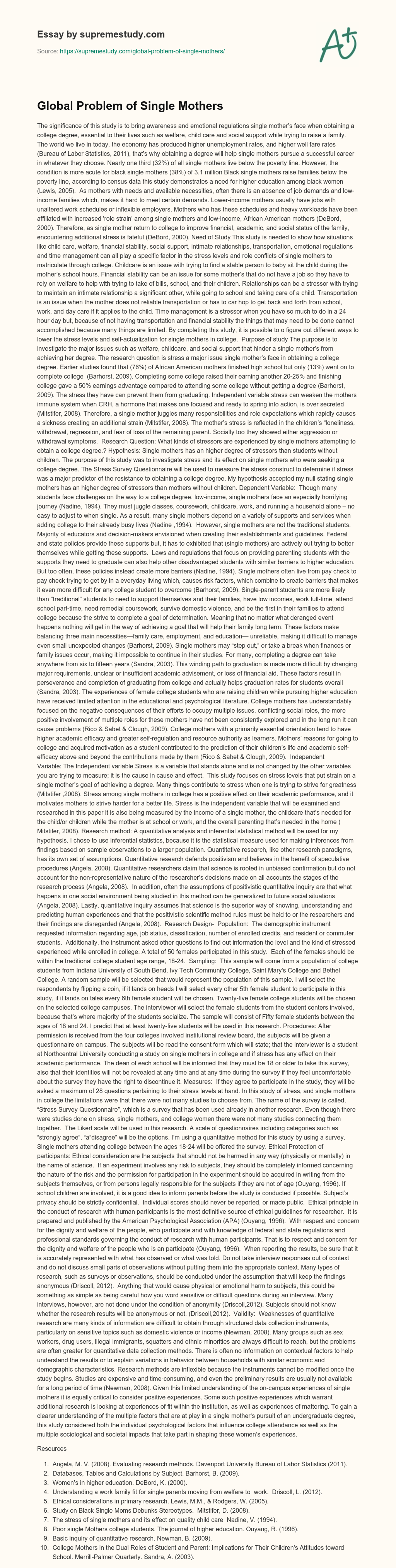 Global Problem of Single Mothers  essay