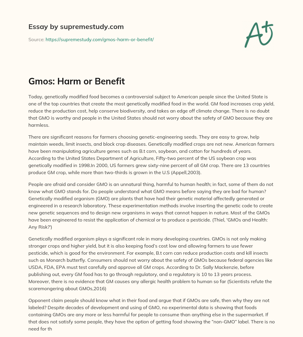 Gmos: Harm or Benefit essay