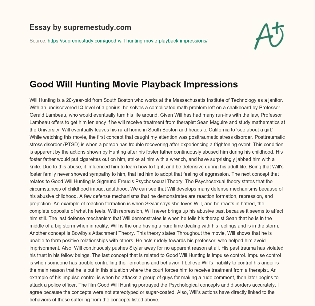 Good Will Hunting Movie Playback Impressions essay