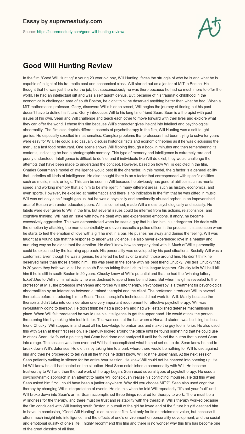 Good Will Hunting Review essay