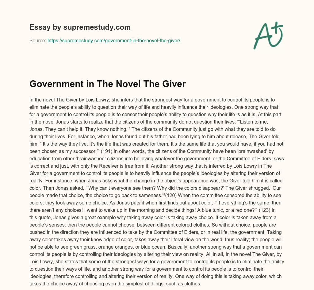 Government in The Novel The Giver essay