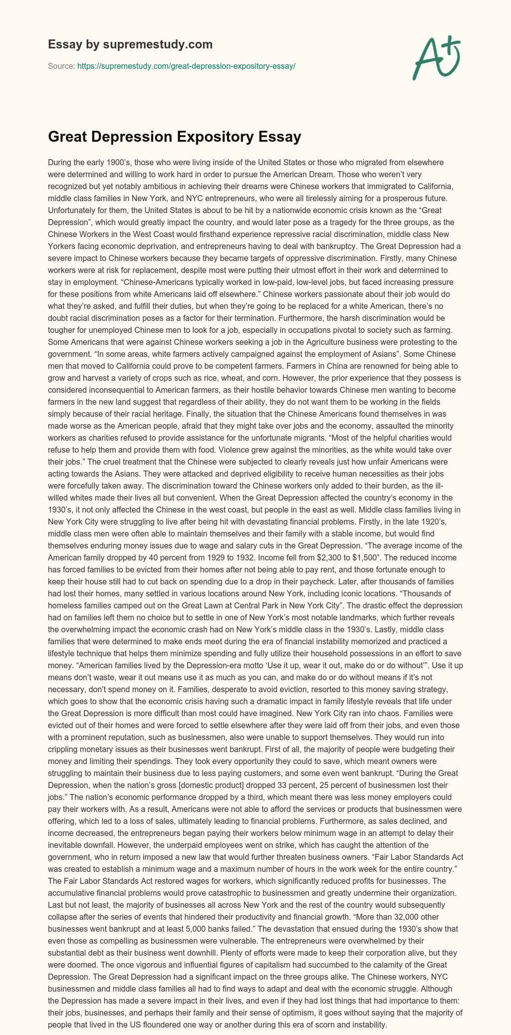 Great Depression Expository Essay essay