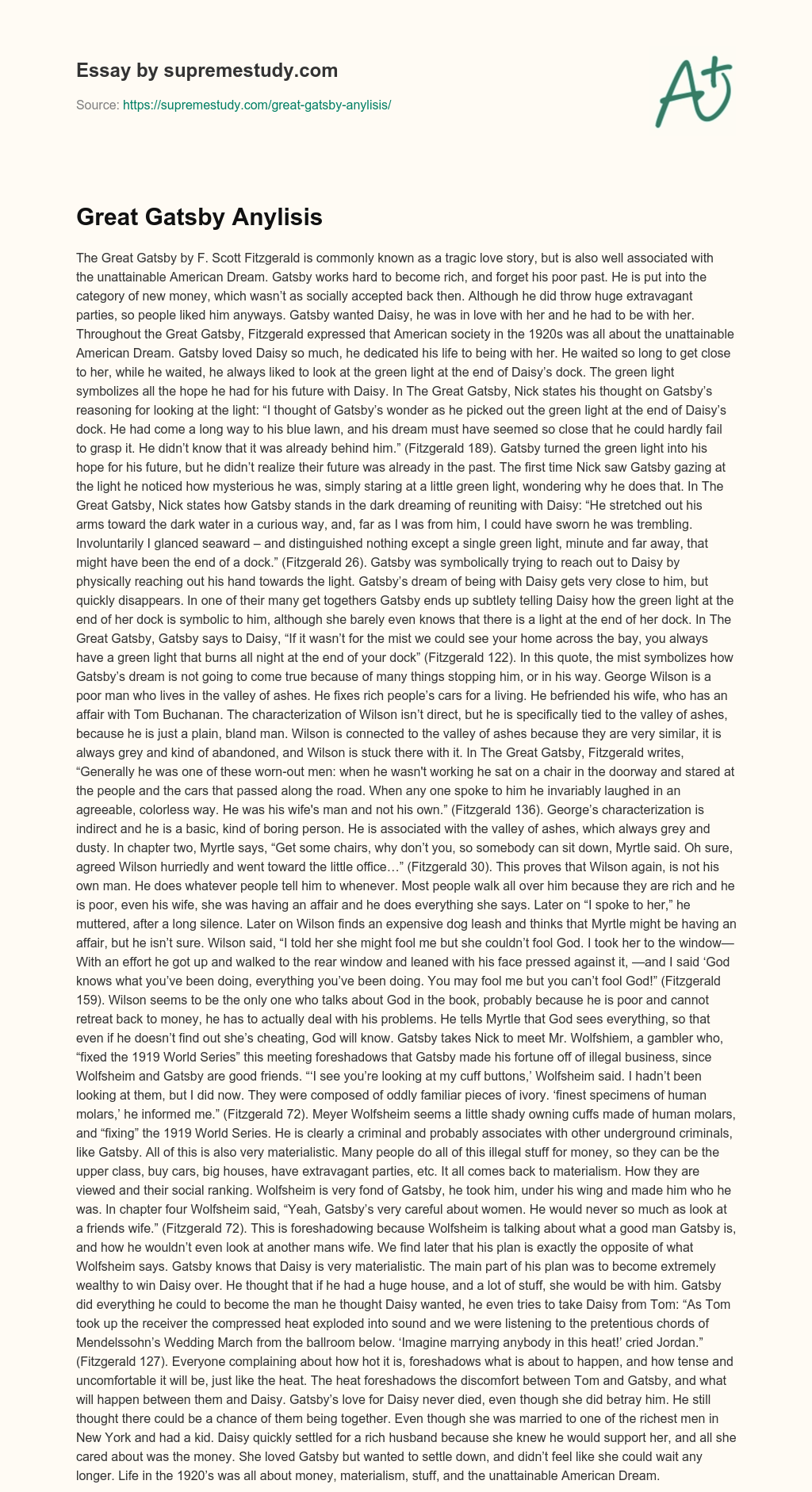 Great Gatsby Anylisis  essay