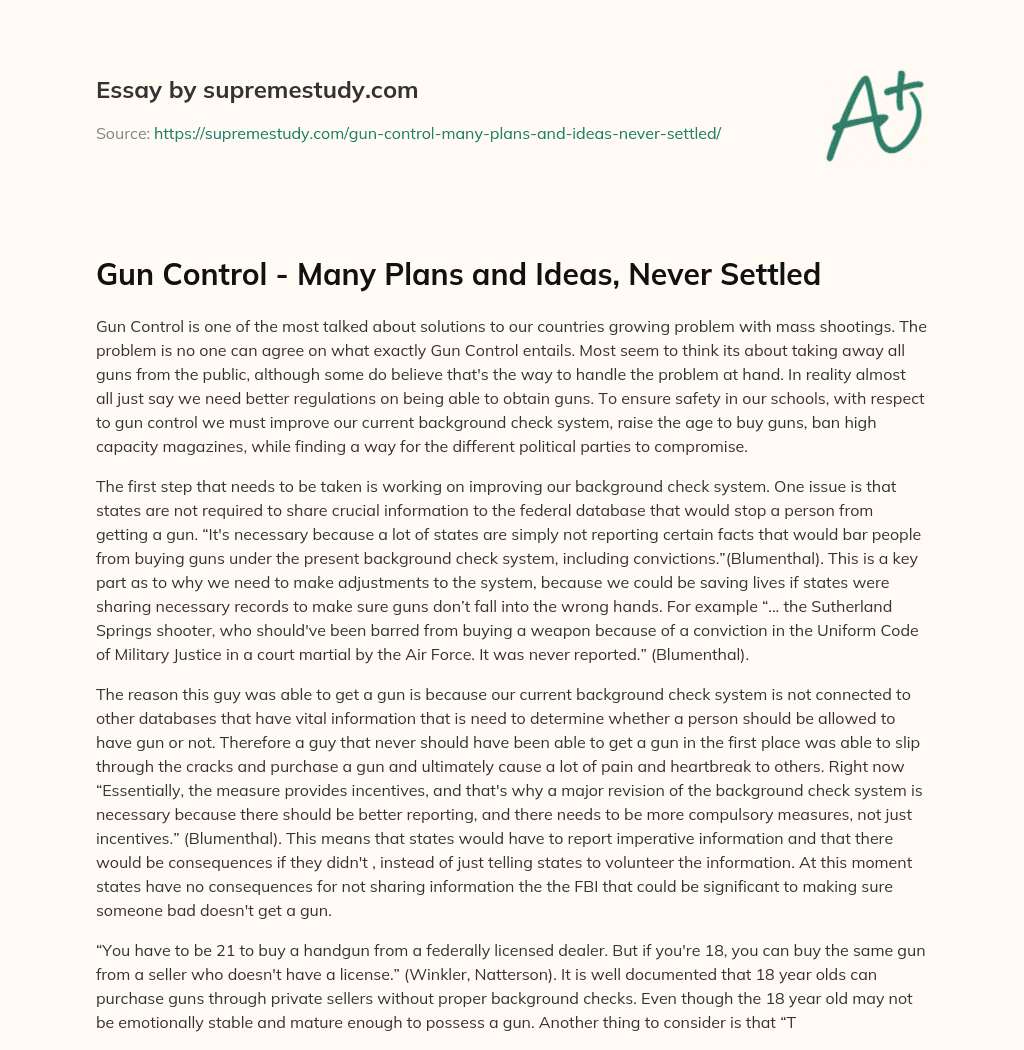 Gun Control – Many Plans and Ideas, Never Settled essay