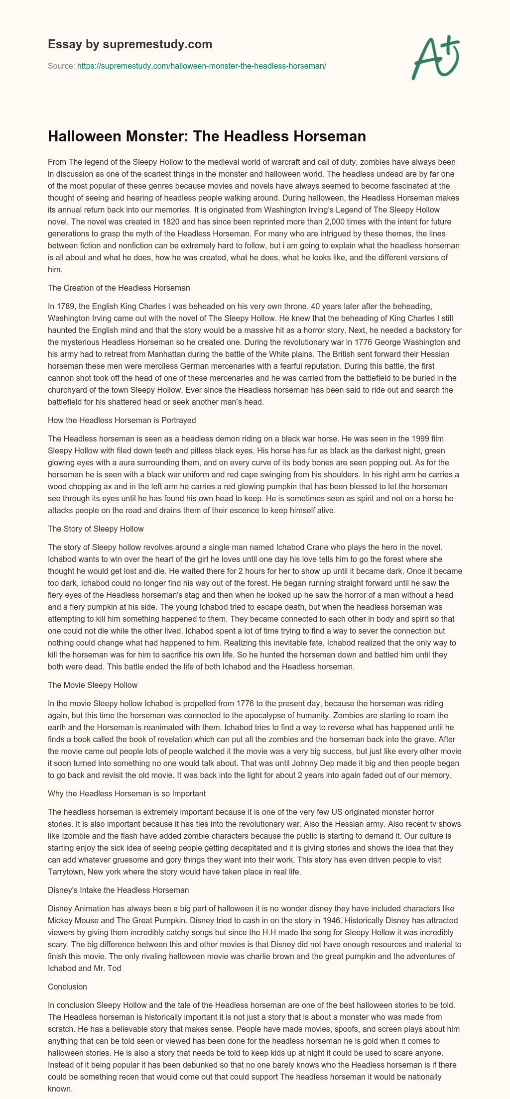 Halloween Monster: The Headless Horseman essay