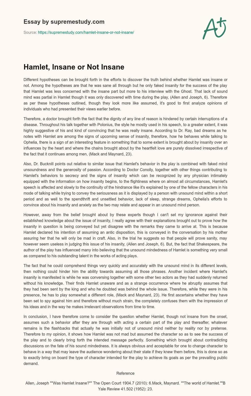 Hamlet, Insane or Not Insane essay