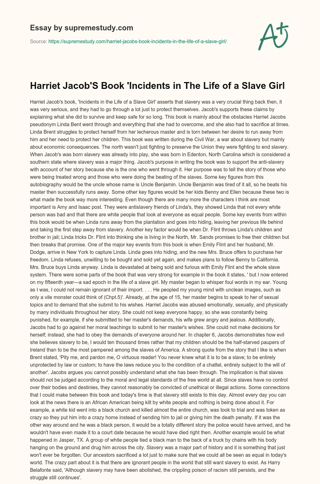 Harriet Jacob’S Book ‘Incidents in The Life of a Slave Girl essay