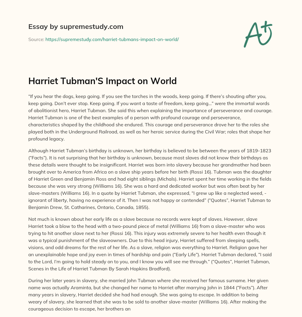 Harriet Tubman'S Impact on World Free Essay Example 2237 Words