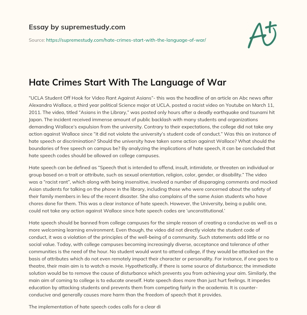 Hate Crimes Start With The Language of War essay